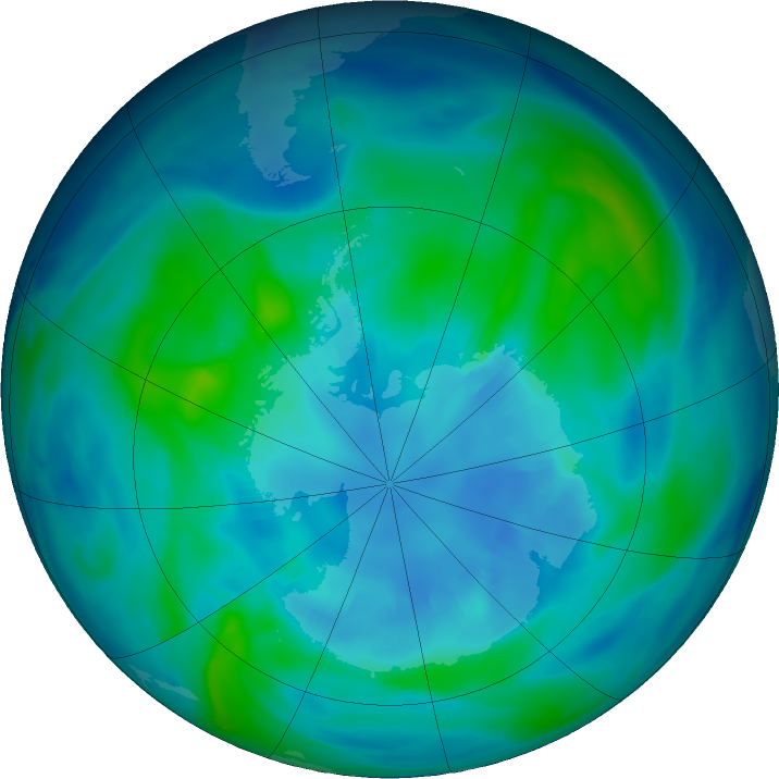 Antarctic ozone map for 10 April 2019